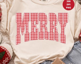 Merry Gingham PNG, Christmas Shirt Design, Holiday Sublimation, Red Checkered Xmas PNG