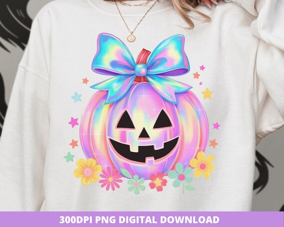 Iridescent Pumpkin PNG, Coquette Halloween Design, Girly Jack O’Lantern Clipart, Cute Floral Pumpkin PNG, Neon Halloween Digital Download