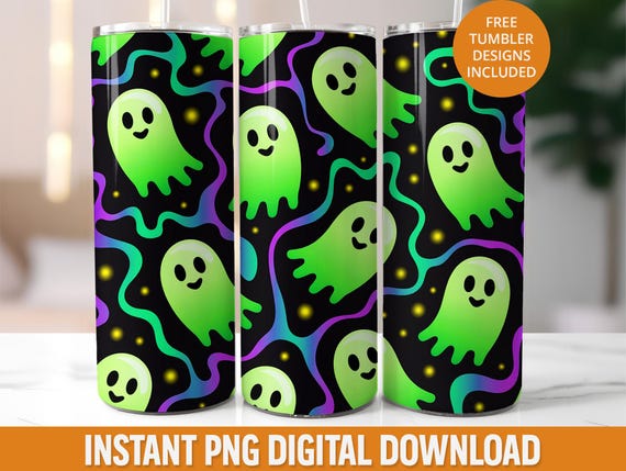 Retro Neon Ghost 20oz Tumbler Wrap Design, Neon Halloween Ghost Tumbler Wrap Sublimation Png, Neon Spooky Season Seamless Tumbler Png Wrap
