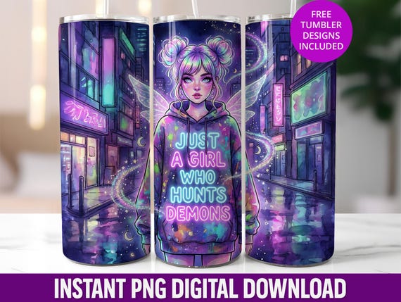 Anime Magical Girl Tumbler Wrap, Neon K-Pop Hunter PNG (Digital Download)