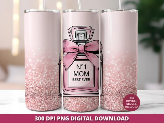 No1 Mom Tumbler Wrap, Pink Glitter Perfume Bottle 20oz PNG, Mother's Day Sublimation Design, Seamless Skinny Tumbler Digital Download File