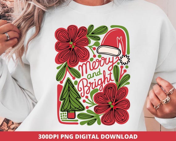 Boho Floral Christmas PNG, Merry and Bright Sublimation Design