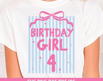 4th Birthday Girl Preppy Striped Coquette Bow Shirt SVG PNG, Cricut Silhouette, Digital Download