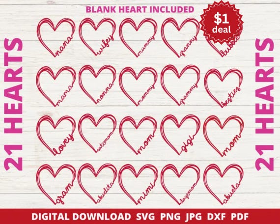 Heart Name SVG Bundle, Mom Grandma Wife Cut File, Family Love Heart PNG, Mother's Day Cricut Design, Custom Name Heart DXF, Digital Download