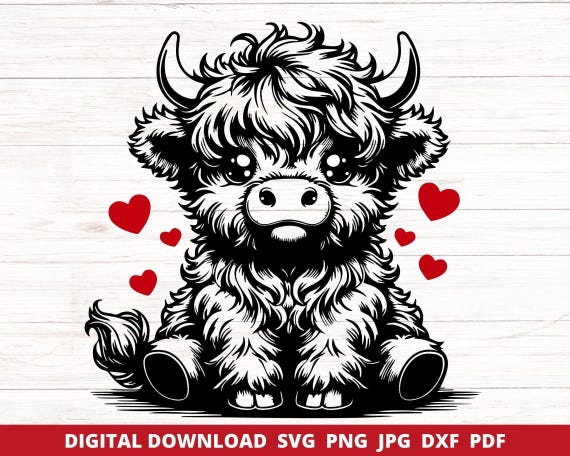 Cute Highland Cow SVG, Cute Baby Cow Cut File, Valentine Highland Cow Svg, Svg Files for Cricut, Highland Cow Sublimation Design, Laser File