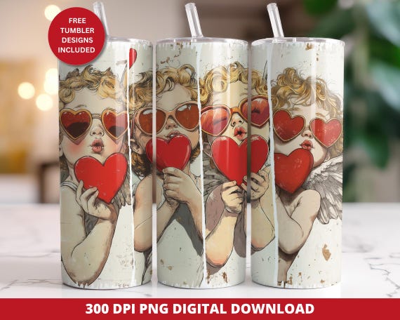 Retro Cupid Valentine Skinny Tumbler Wrap, Cupid Brush Stroke Tumbler Wrap Png, Seamless Sublimation Tumbler Png, Cupid 20 oz Tumbler Wrap