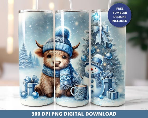 Highland Cow Christmas Tumbler Png, Cute Christmas Tumbler Wrap Png, Seamless Sublimation Tumbler Design, 20oz Skinny Tumbler Wrap Png