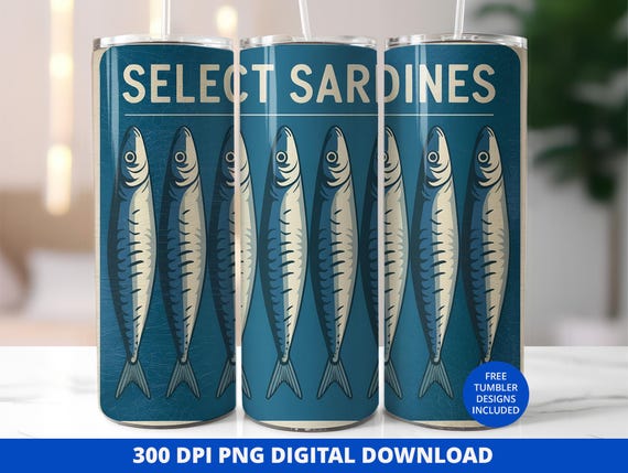 Retro Sardines Tumbler Wrap PNG, Fisherman 20oz Sublimation Design for Skinny Tumblers, Coastal Fish Aesthetic, Fisherman 20oz Tumbler Wrap