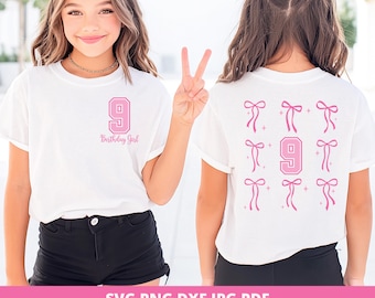 9th Birthday Girl Shirt Coquette Bow Kids Party SVG PNG, Cricut Silhouette, Digital Download