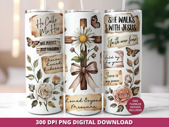 Boho Christian Tumbler Wrap, Floral Cross Design (PNG Digital Download)
