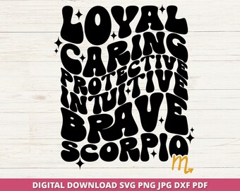 SVG del signo zodiacal Escorpio, texto ondulado, archivo de corte para Cricut Silhouette, descarga digital