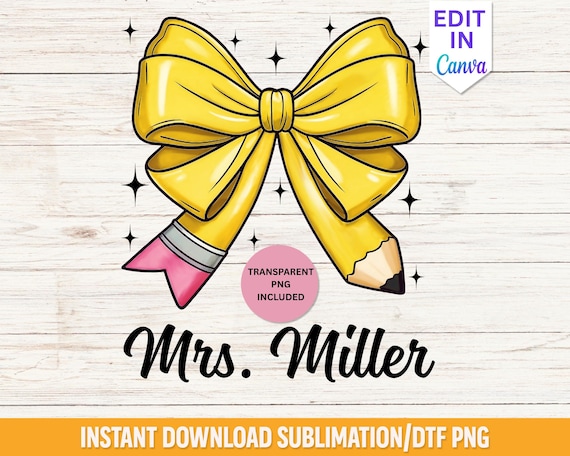 Custom Teacher Pencil Bow Png, Coquette Teacher Name Png, Back to School Sublimation Png, Personalized Teacher Shirt Png, Teacher Gift Png