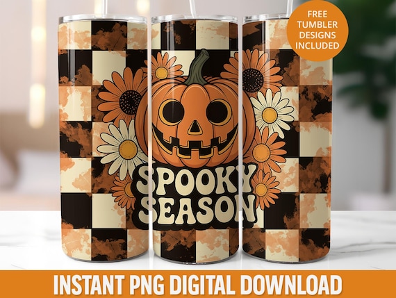 Checkerboard Spooky Season 20oz Tumbler Wrap Png, Seamless Halloween Pumpkin 20oz Tumbler Sublimation Download,  20oz Pumpkin Tumbler Wrap