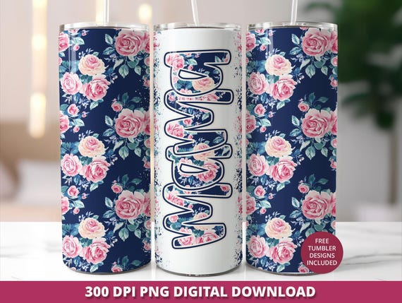 20oz Floral Mama Tumbler Wrap, Vintage Rose Design (PNG)