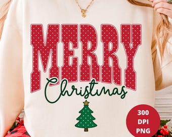 Merry Christmas PNG, Preppy Holiday Shirt Design, Polka Dot Tree, Girly Xmas Sublimation