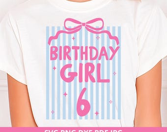 6th Birthday Girl Shirt SVG, Coquette Bow, Striped Design (Digital Download)
