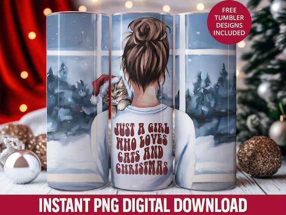 Christmas Cat Tumbler Wrap Design, Seamless Skinny Tumbler (Digital Download)