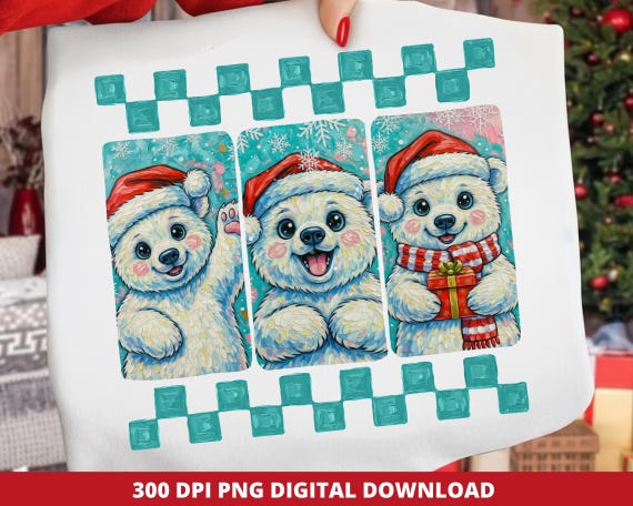 Preppy Polar Bear Christmas PNG, Trendy Checkerboard Brushstroke Clipart (Digital Download)