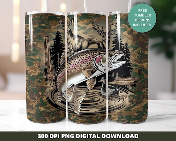 Hunting Fishing Camo Tumbler Wrap, Deer Duck Trout (PNG Digital Download)