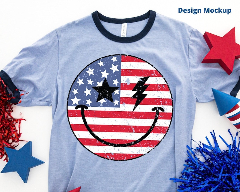 Retro 4th of July PNG, American Flag Smiling Face, Sublimation DTF Design image 2