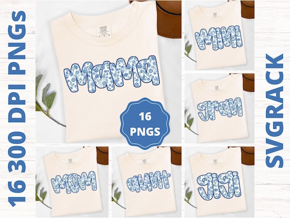 Blue Floral Mama PNG Bundle, Retro Toile Glitter Design (Digital Download)