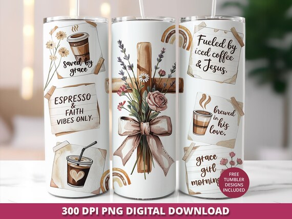 Boho Cross 20oz Tumbler Wrap, Christian Iced Coffee Design (Digital Download)