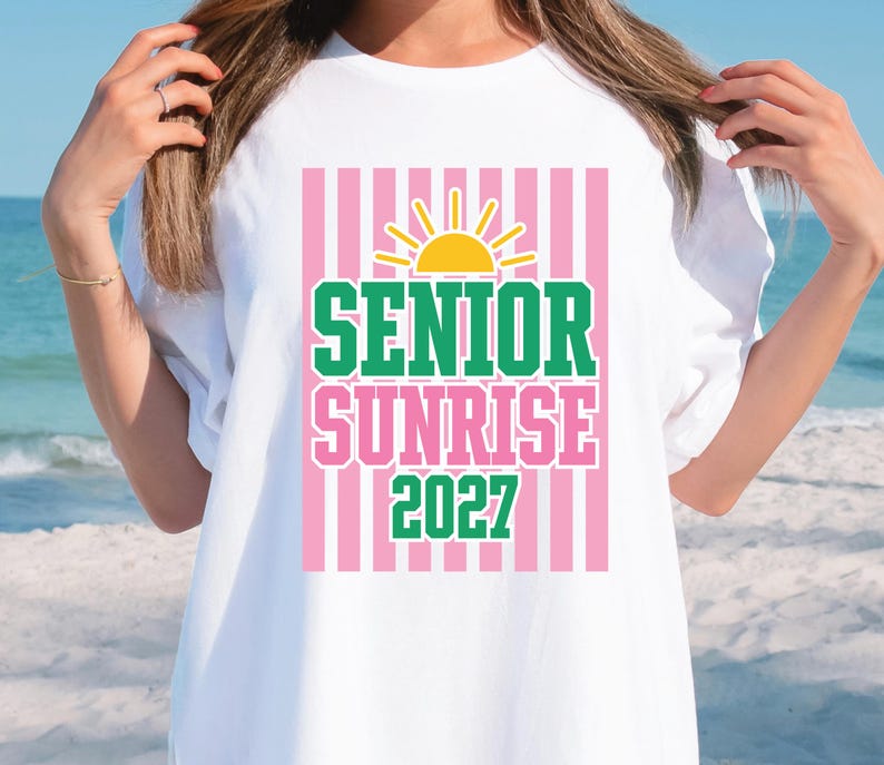Close-up of varsity senior sunrise lettering with yellow sun graphic, green and pink colorway, bold collegiate style class of 2027 design file