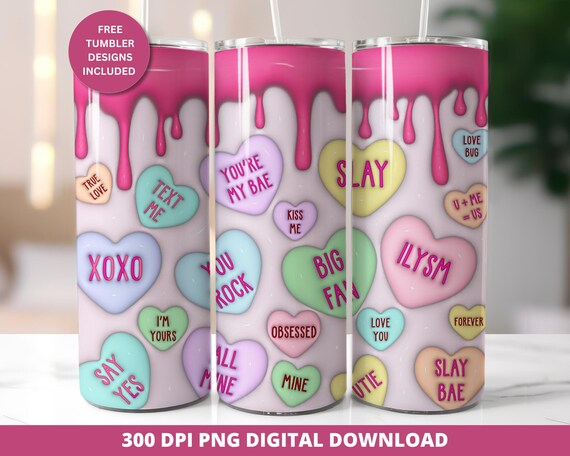 3D Candy Hearts 20 oz Skinny Tumbler Sublimation Design, Inflated Valentine Tumbler Wrap, Valentine Seamless Wrap, Love Hearts 20oz Tumbler