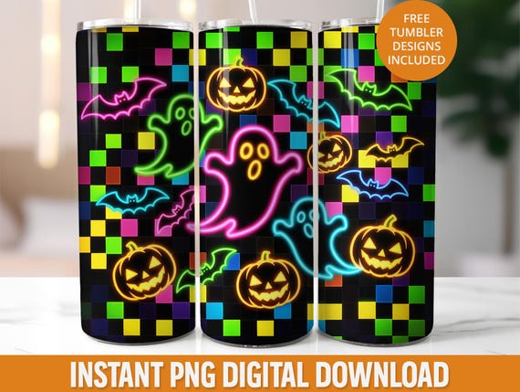 Neon Halloween Ghost 20oz Tumbler Wrap, Retro Neon Ghost 20 oz Tumbler Wrap Sublimation Png, Neon Spooky Season Seamless Tumbler Png Wrap