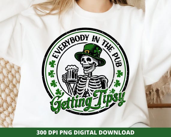 Tipsy Skeleton St. Patrick's Day PNG, Retro Irish Design (Digital Download)