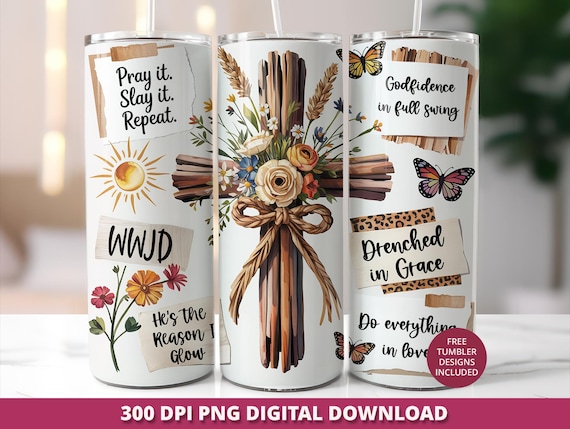Floral Cross Tumbler Wrap Png, Boho Bible Verse 20 Oz Skinny Tumbler, Christian Sublimation Wrap,  God Faith Design Png, Jesus Tumbler Wrap