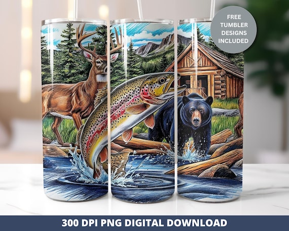 Deer Fishing Bear Tumbler Wrap PNG, Hunting Sublimation Design (Digital Download)