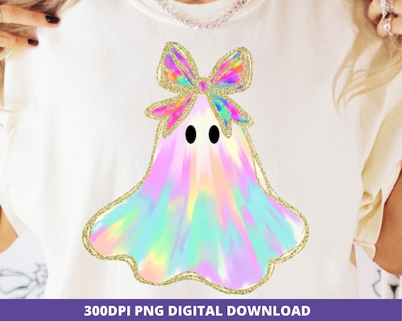 Iridescent Ghost PNG, Neon Coquette Halloween Clipart, Cute Girly Ghost PNG, Retro Neon Spooky Season Design, Trendy Ghost Digital Download