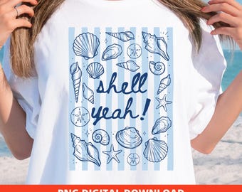 Seashell Coastal PNG Shell Yeah Retro Beach Clipart Striped Preppy Ocean Design (Digital Download)