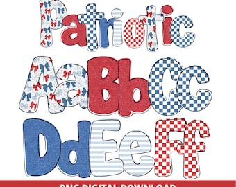 Patriotic Alphabet PNG Red White Blue Doodle Letters USA Sublimation Alpha Set