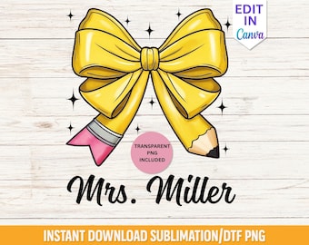 Custom Teacher Pencil Bow Png, Back to School Sublimation DTF Design