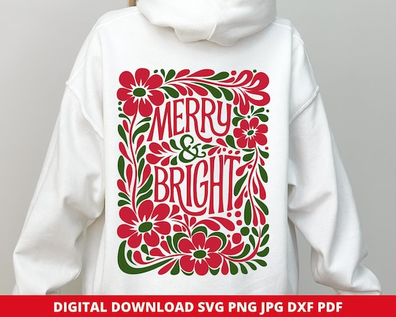 Floral Merry and Bright SVG, Christmas Clipart, Retro PNG (Digital Download)
