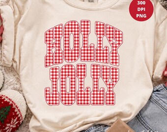 Holly Jolly Gingham PNG, Christmas Shirt Design, Holiday Sublimation, Red Checkered Xmas PNG