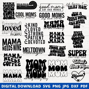 Mama SVG Bundle, Retro Groovy Mom Quotes PNG, Funny Mother&#39;s Day Shirt Designs, Boho Mama Sublimation, Wavy Stacked Mama Digital Files