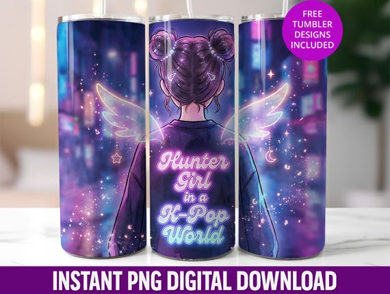 K-Pop Anime Girl Tumbler Wrap, Neon Magical Design (Digital Download)