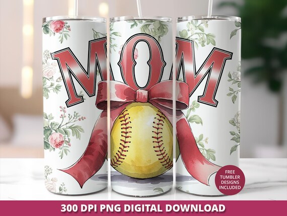 Softball Mom 20 oz Tumbler Wrap, Coquette Floral Softball Tumbler Png, 20oz Skinny Tumbler Sublimation, Sports Mom Gift, Softball Mom Wrap