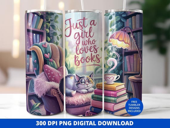 Book Lover Tumbler Wrap, Librarian Cat Design, 20oz Skinny Tumbler (PNG)