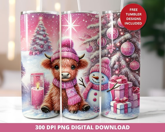 Pink Highland Cow Christmas Tumbler Png, Festive Tumbler Wrap Png, Seamless Sublimation Tumbler Design, 20oz Skinny Tumbler Wrap Png