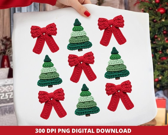 Crochet Christmas Tree PNG: Faux Yarn Bow Sublimation (Digital Download)