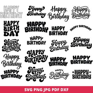 Könnte beinhalten: Eine Sammlung von schwarz-weißen "Happy Birthday"-Textdesigns in verschiedenen Schriftarten. Das Bild zeigt eine Vielzahl von Stilen, von fetten Blockbuchstaben bis hin zu eleganter Schreibschrift, für digitale Bastelprojekte.