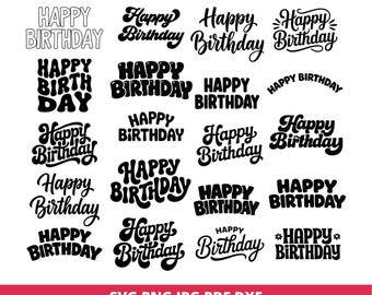 Könnte beinhalten: Eine Sammlung von schwarz-weißen "Happy Birthday"-Textdesigns in verschiedenen Schriftarten. Das Bild zeigt eine Vielzahl von Stilen, von fetten Blockbuchstaben bis hin zu eleganter Schreibschrift, für digitale Bastelprojekte.