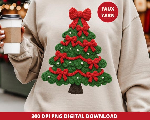Crochet PNG, Faux Yarn Christmas Tree Design, Latch Hook Yarn Bow Tree PNG, Cozy Holiday Sublimation File, Cute Coquette Christmas Shirt PNG