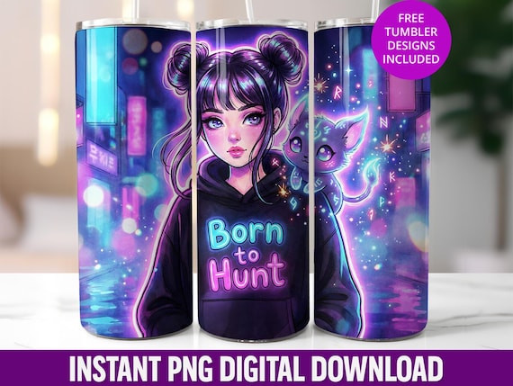 K-Pop Hunter Tumbler Wrap, Anime Neon Girl PNG (Digital Download)