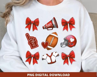 Coqueta de temporada de fútbol roja PNG, diseños de sublimación de lazos de animadora (descarga digital)