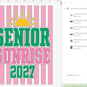 Senior sunrise PNG SVG file shown in Cricut Design Space or sublimation print preview, instant download digital file for senior year shirts